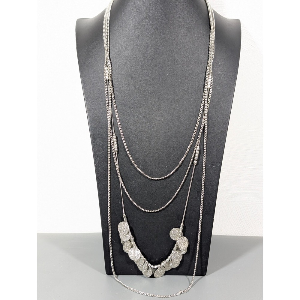 Silver Tone Textured Coin Disc Charm Multi Chain Long‎ Layer Necklace 27 in